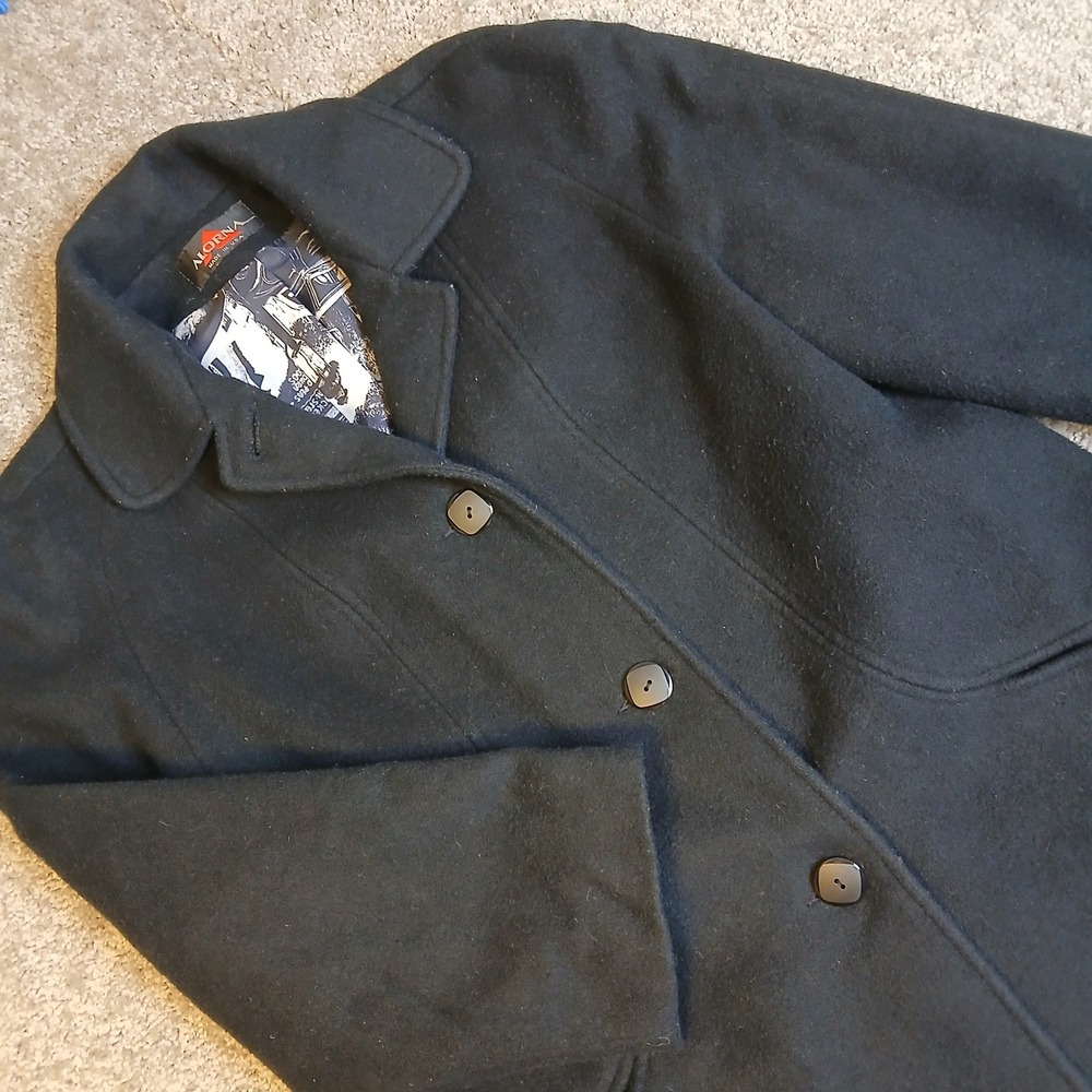 Alorna Black Wool Blend Car Coat Vintage Graphic Lining Made in USA Womens L